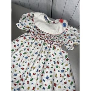 Vintage Polly Flinders Colorful Bow Print Smocked Dress Embroidery Toddler Sz 4